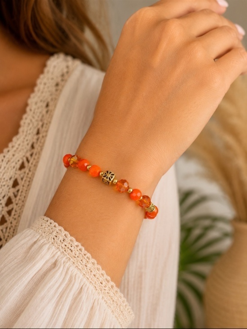 Orange Crystal Beaded Stretch Bracelet Gold Tone Beads Stackable Boho Jewelry